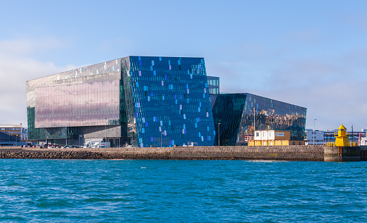 Reykjavik, Iceland - April 4, 2017: Exterior of the Harpa Concert Hall and Conference Centre. The opening of Harpa was held on May 4, 2011