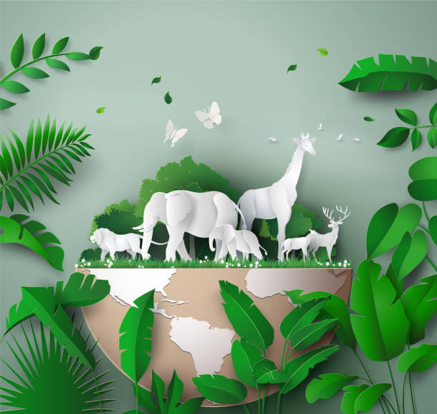 World Wildlife Day World Wildlife Day with the animal in forest , Paper art and digital craft style. wildlife or wild animal stock illustrations