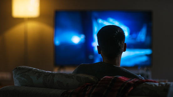 Vista trasera de un hombre sentado en un couch viendo película en su gran televisor de pantalla plana. photo
