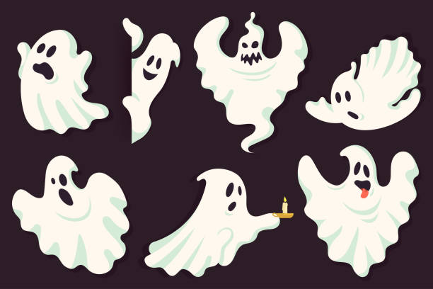 ilustrações de stock, clip art, desenhos animados e ícones de funny ghost character collection in different poses. white flying spooky halloween ghost silhouette isolated on dark background. scary ghostly monster. traditional festive element for your design. - ghost