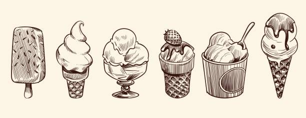 Ice cream dessert. Hand drawn black engraved vintage sweet delicious in bowl for restaurant isolated sketch vector vanilla drawing sundae icecream set