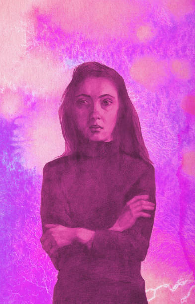 istock Fashionable illustration allegory modern artwork impressionism people my original watercolor painting on paper impressionism vertical shaped symbolic portrait romantic young tender modest girl with long black hair in a black sweater arms folded on her che 1168939976