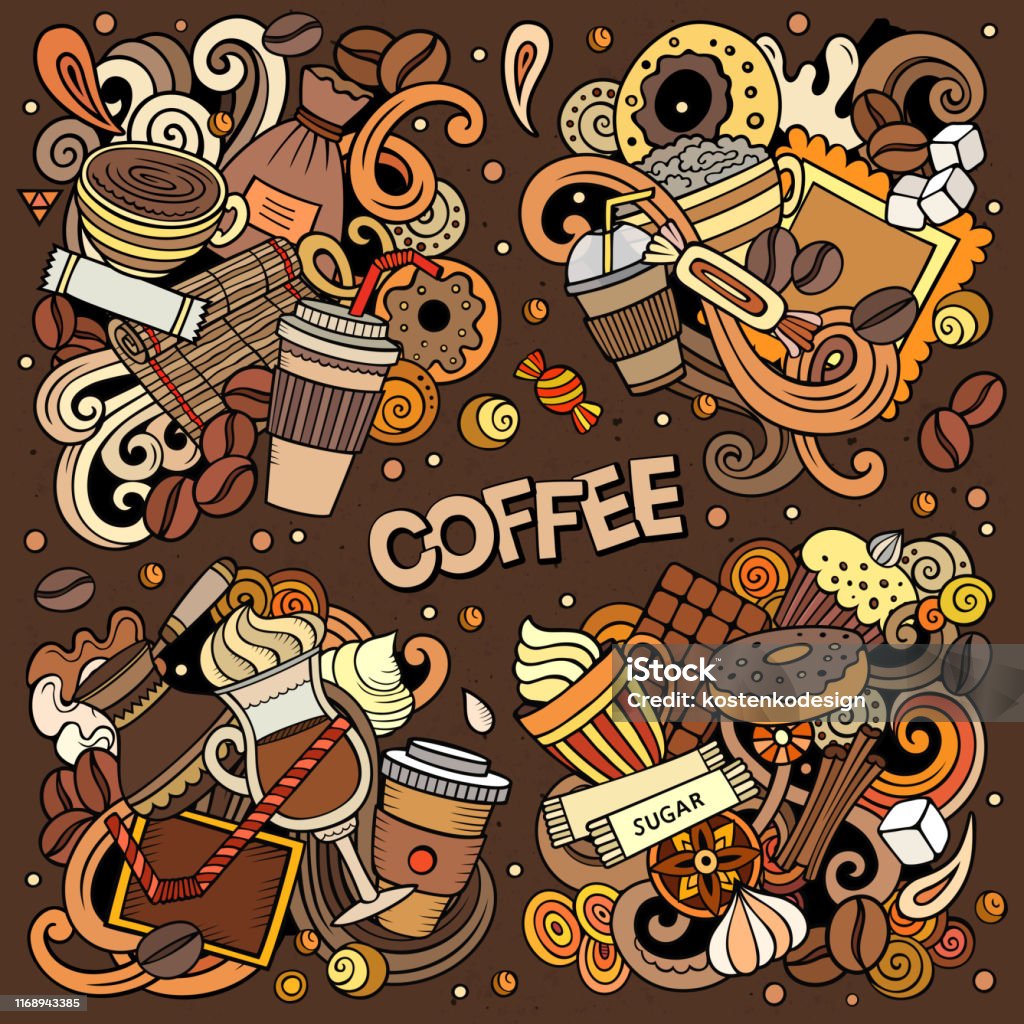 Colorful Vector Hand Drawn Doodles Cartoon Set Of Coffee Combinations Of  Objects Stock Illustration - Download Image Now - iStock