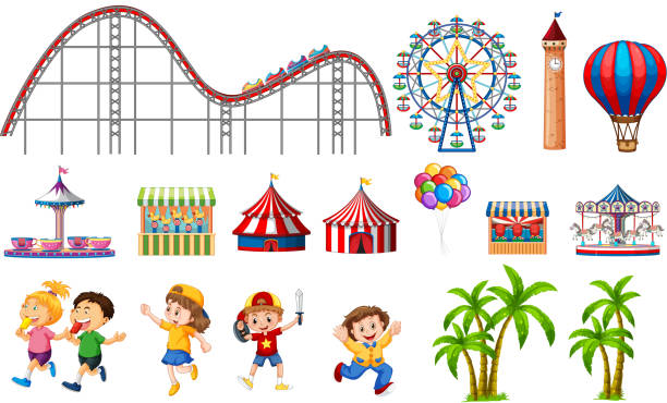 Isolated objects from circus theme with kids and rides Isolated objects from circus theme with kids and rides illustration tea cup ride stock illustrations