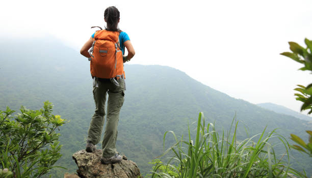 istock Young  woman hiker enjoy the view on mountain peak 1168944975