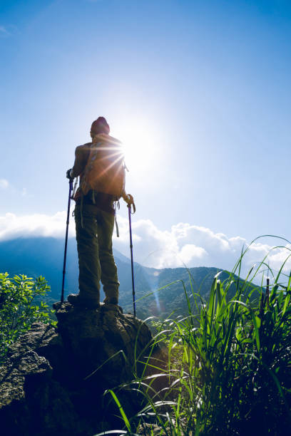 istock Young woman backpacker enjoy the view at mountain peak 1168946190