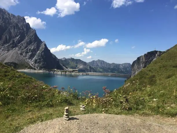 Beautiful lake in the mountains. Lünersee in Brand, Austria.
