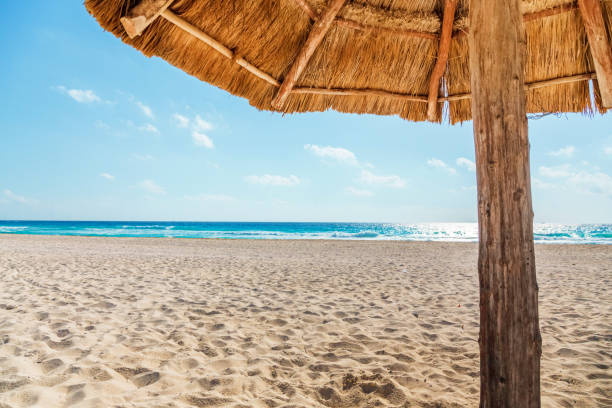 View on beach under thatched sun umbrella stock photo