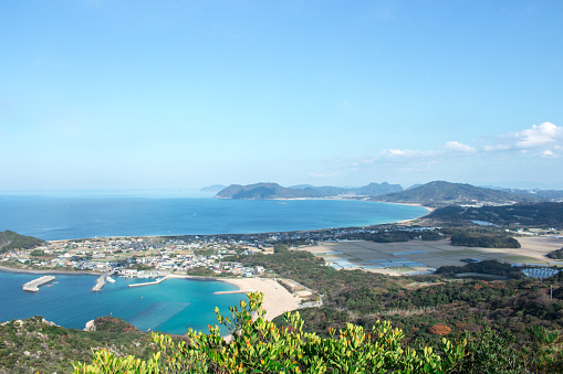 Landscape of Itoshima from mountain in Itoshima, Fukuoka, Japan. In image, there are small islands in the sea of Genkai.