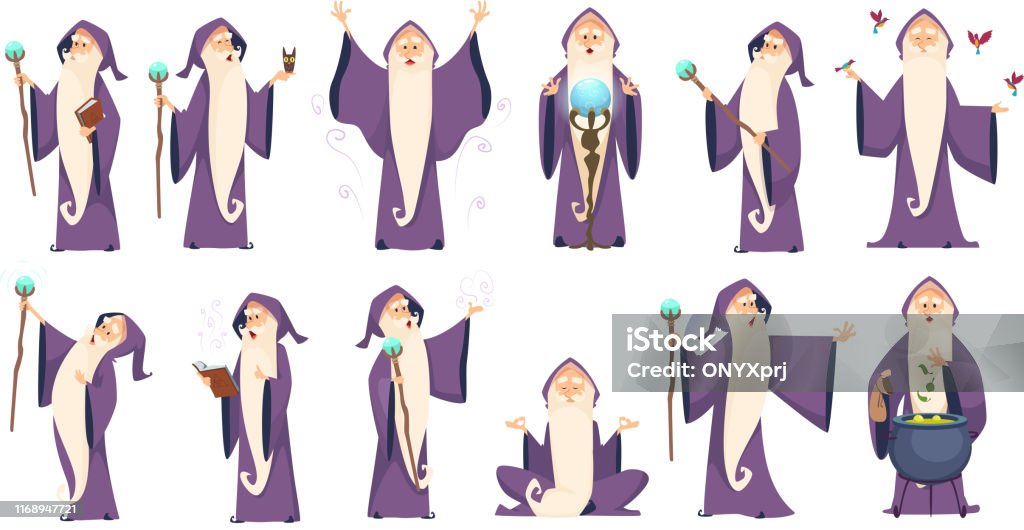Wizard. Mysterious male magician in robe spelling oldster merlin vector cartoon characters Wizard. Mysterious male magician in robe spelling oldster merlin vector cartoon characters. Sorcerer character in costume, spell magician, witchcraft and magical illustration Wizard stock vector