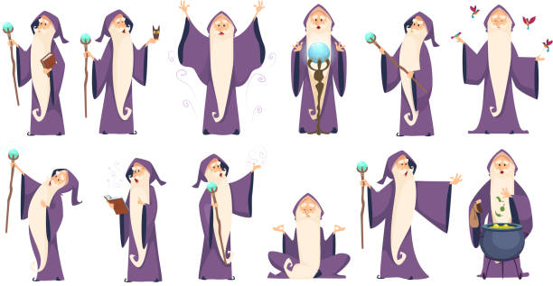 Wizard. Mysterious male magician in robe spelling oldster merlin vector cartoon characters Wizard. Mysterious male magician in robe spelling oldster merlin vector cartoon characters. Sorcerer character in costume, spell magician, witchcraft and magical illustration wizard stock illustrations
