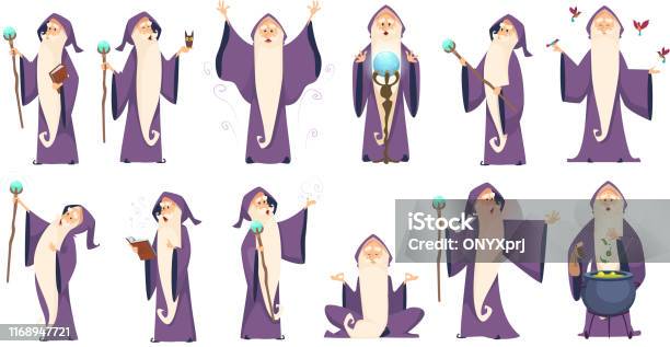 Wizard Mysterious Male Magician In Robe Spelling Oldster Merlin Vector Cartoon Characters Stock Illustration - Download Image Now