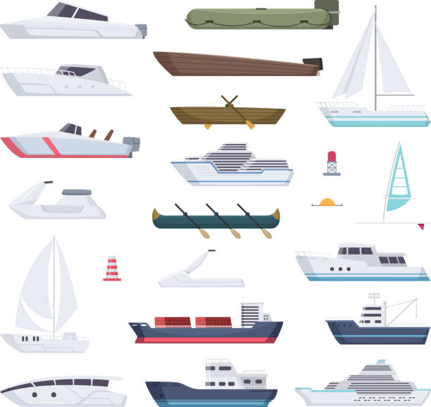 ilustraciones, imágenes clip art, dibujos animados e iconos de stock de barcos. agua marina o océano buque pequeños y grandes barcos y barcos marineros transporte de dibujos animados vectoriales - transportation nautical vessel floating on water sea