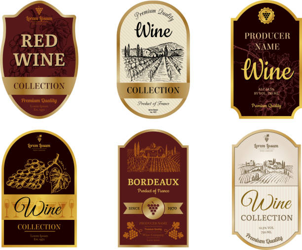 Wine vintage labels. Alcohol wine champagne drinks badges luxury style with pictures of vineyard silhouettes and grapes vector pictures Wine vintage labels. Alcohol wine champagne drinks badges luxury style with pictures of vineyard silhouettes and grapes vector pictures. Illustration of alcohol drink wine, vineyard label for beverage wine stock illustrations