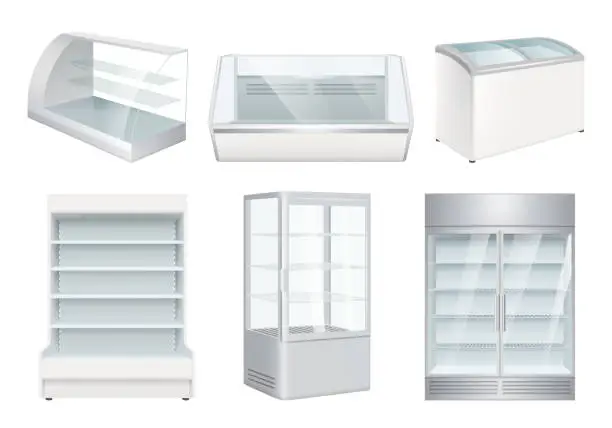 Vector illustration of Refrigerator empty. Supermarket retail equipment vector realistic refrigerators for store