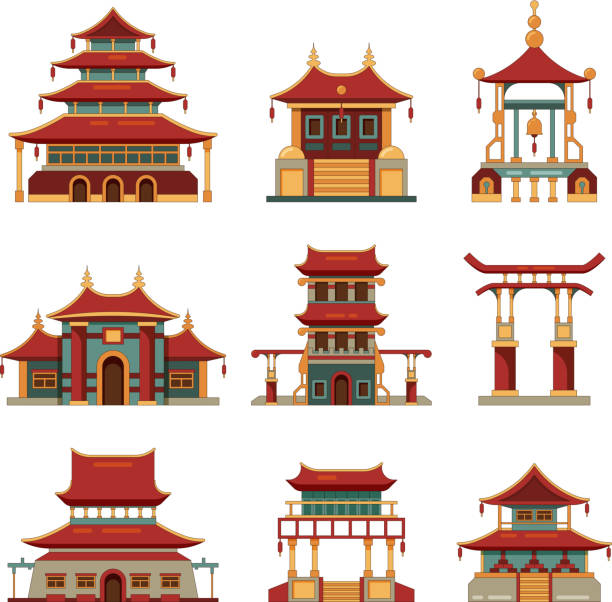 çin geleneksel binalar. kültürel japonya nesneleri kapı pagoda saray vektör karikatür koleksiyonu binaların - çin cumhuriyeti illüstrasyonlar stock illustrations