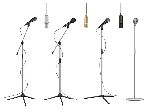Mic stand. Realistic music microphones sound studio professional equipment vector pictures collection. Mic audio for studio, stand microphone to concert illustration