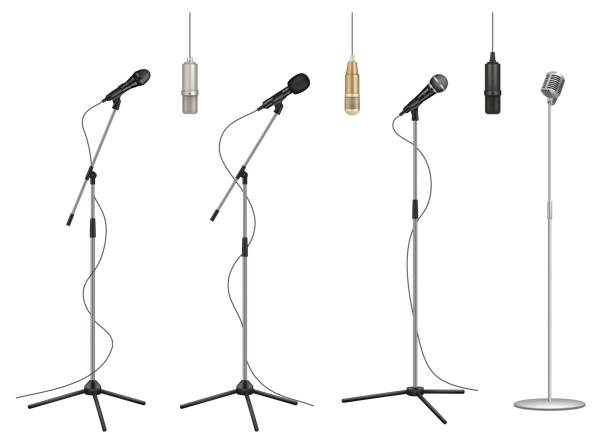 Mic stand. Realistic music microphones sound studio professional equipment vector pictures collection Mic stand. Realistic music microphones sound studio professional equipment vector pictures collection. Mic audio for studio, stand microphone to concert illustration tripod vector stock illustrations