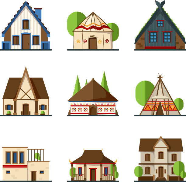 istock Traditional buildings. Houses and constructions of different countries europe asian indian african tent vectors 1168947772