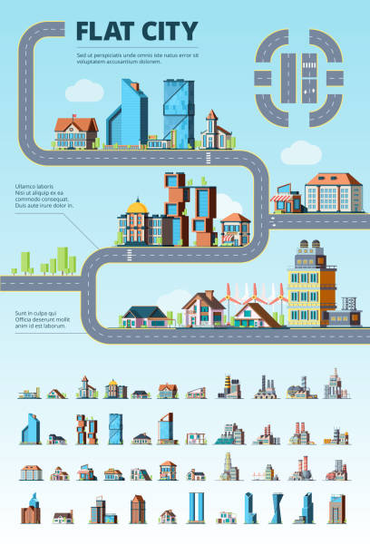 ilustrações, clipart, desenhos animados e ícones de infográfico da cidade plana. edifícios municipais da arquitectura da cidade urbanos elementos arquitectónicos - downtown district store building exterior facade