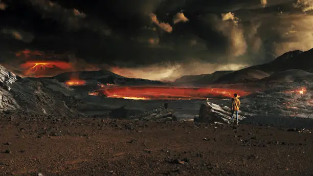 Photo of Dark scenery of devastated planet. Woman looking at volcanoes and meteors
