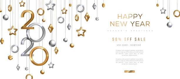 Gold and silver New Year 2020 Christmas and New Year banner with hanging gold and silver 3d baubles and 2020 numbers on black background. Vector illustration. Winter holiday geometric decorations greeting card white decoration glitter stock illustrations