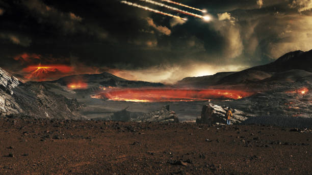dark scenery of devastated planet. woman looking at volcanoes and meteors - judgement day sky burning red imagens e fotografias de stock