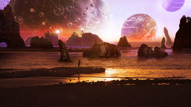 istock Surreal landscape. Planets and asteroids in background. Fisherman's silhouette 1168949098