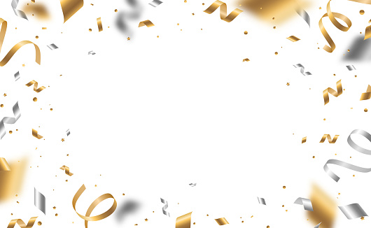 Falling shiny golden and silver confetti and pieces of serpentine isolated on white background. Bright festive overlay effect with gold and gray tinsels. Vector illustration