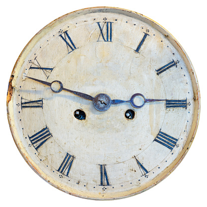 Ancient weathered clock face with faded numbers isolated on a white background