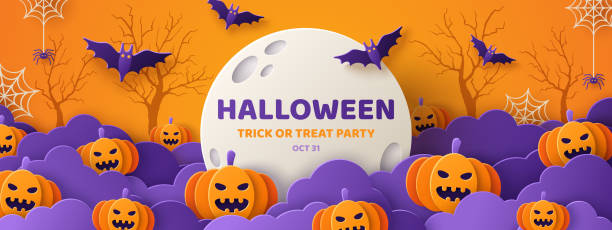 Halloween paper cut orange banner Happy Halloween banner or party invitation background with violet fog clouds and pumpkins in paper cut style. Vector illustration. Full moon in orange sky, spiders web and flying bats. Place for text tree cutting silhouette stock illustrations