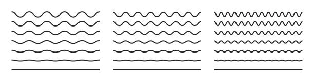 웨이브 라인과 물결 모양의 지그재그 패턴 라인. 벡터 블랙 밑줄, 매끄러운 끝 구불 구불 수평 곡선 물결 - 라인아트 stock illustrations
