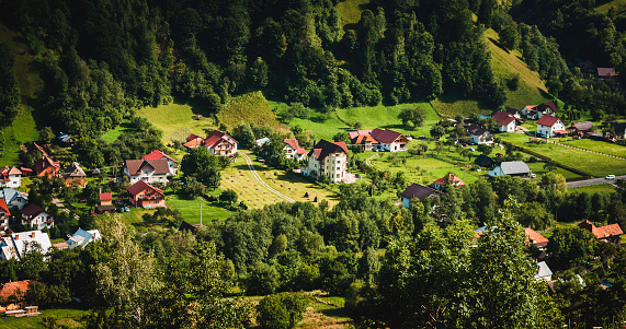 High angle view of a small Romanian contemporary mountain village.