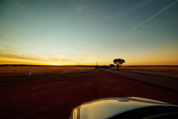 woman taking a self portrait in rear mirror in a car at sunset. travel concept