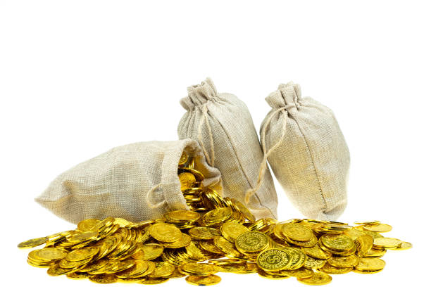 istock Stacking gold coin in treasure sack on white background 1168954202