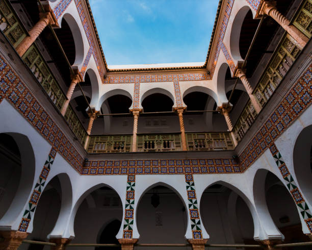 A scenic view of a Tunisian rooftop featuring intricate tile work and historic architecture. The sky is partly cloudy, adding depth to the vibrant setting. The scene captures the cultural essence of Tunis.