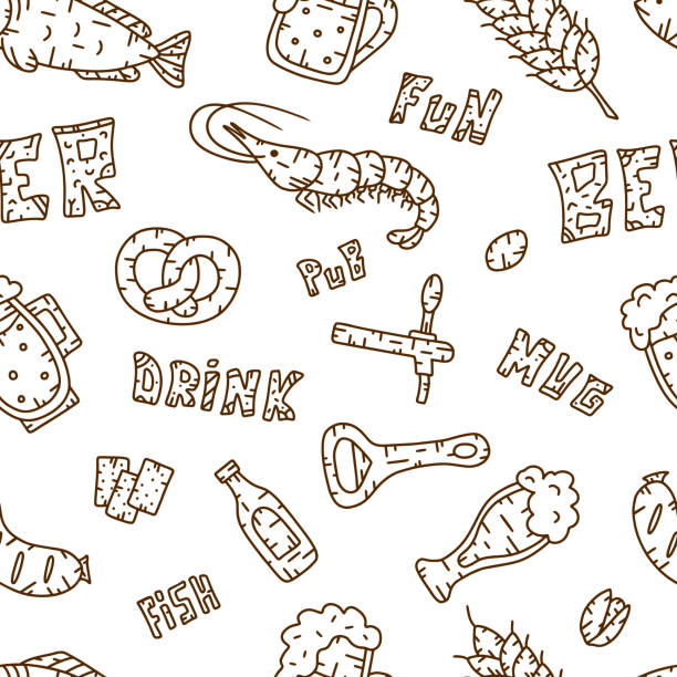 낙서 스타일의 매끄러운 패턴. 텍스트와 다른 요소와 맥주 - pistachio beer nuts nut backgrounds stock illustrations