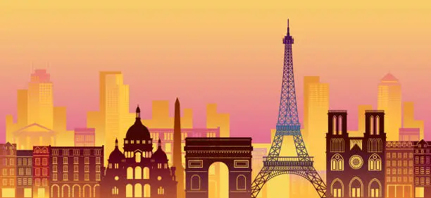 Vector illustration of Paris, France Landmarks Skyline, Night Scene