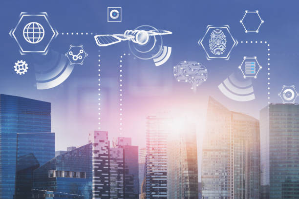 istock Satellite and internet icons in modern city 1168963752