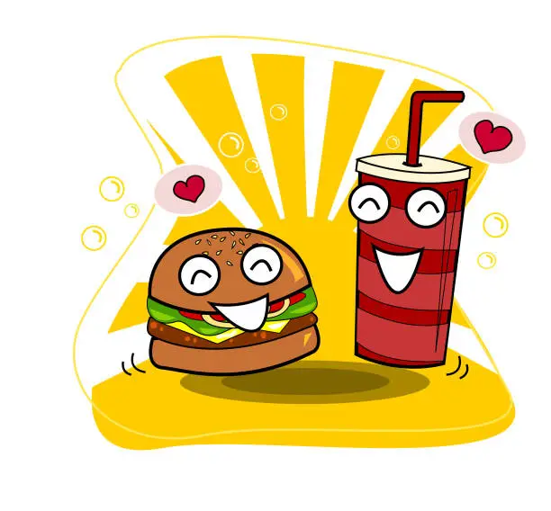 Vector illustration of Cute set fastfood and yellow background.