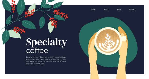 Template design with cappuccino and coffee plant Vector illustration of Specialty coffee with cup of cappuccino in the hands. Branches of coffee tree with leaves and berry. Template for banner, landing page, website, blog post,booklet, prints, flyer arabica coffee drink stock illustrations