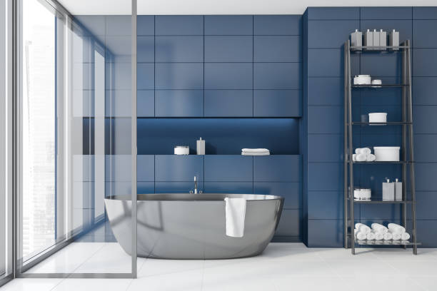 istock Blue tile bathroom interior with tub 1168964836