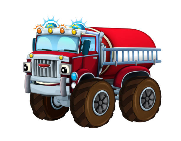 istock Cartoon firetruck monster truck on white background 1168965074