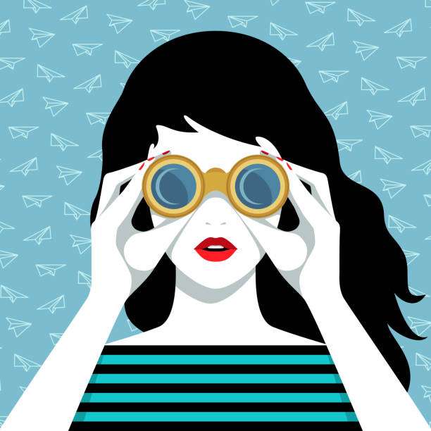 Vector portrait of woman looking through binoculars Vector portrait of beautiful young woman with long black waving hair, wearing striped shirt, looking through binoculars against blue background with paper airplanes pattern binoculars patterns stock illustrations