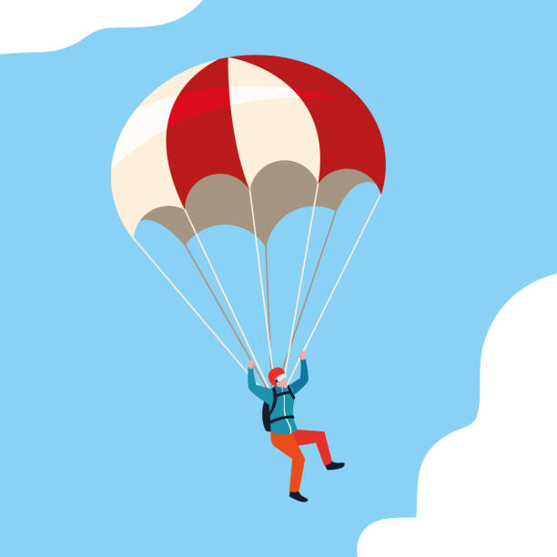 ilustrações, clipart, desenhos animados e ícones de homem skydiver no ar com pára-quedas aberto - parachute