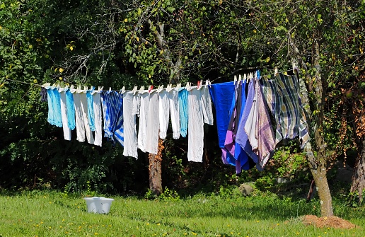 Laundry hanging on the clothesline between trees and over a lawn in a summer day.