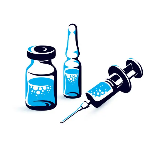 Vector illustration of Vector graphic illustration of vial, ampoule with medicine and medical syringe for injections. Scheduled vaccination theme.