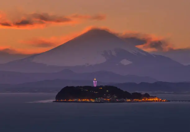 Enoshima in the shadow of Mount Fuji during sunset. Taken in the Kanagawa prefecture of Japan