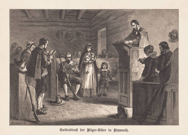 Worship of the Pilgrim Fathers in Plymouth Colony in 1620 Worship of the Pilgrim Fathers in Plymouth Colony in 1620, North America. Wood engraving after a drawing by Felix Darley (American illustrator and engraver, 1824 - 1888), engraved by Albert (Alfred) Bobbett (American engraver, 1813 - 1888), published in 1876. clergy stock illustrations