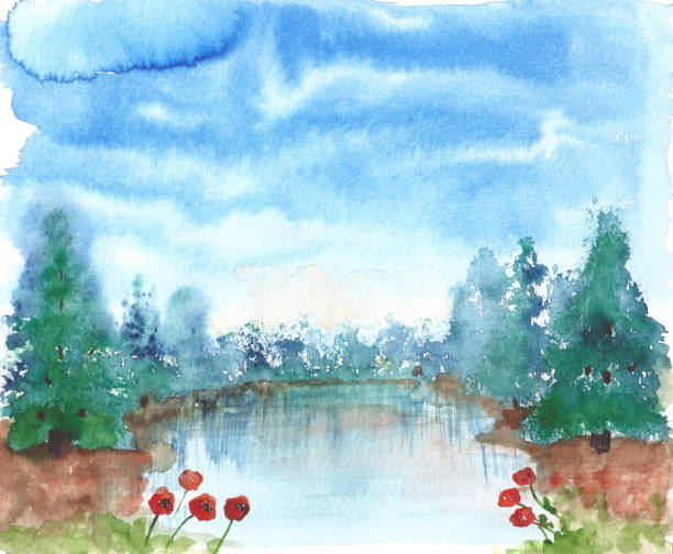 illustrazioni stock, clip art, cartoni animati e icone di tendenza di paesaggio acquerello con pini, illustrazione disegnata a mano - tree reflection lake landscape